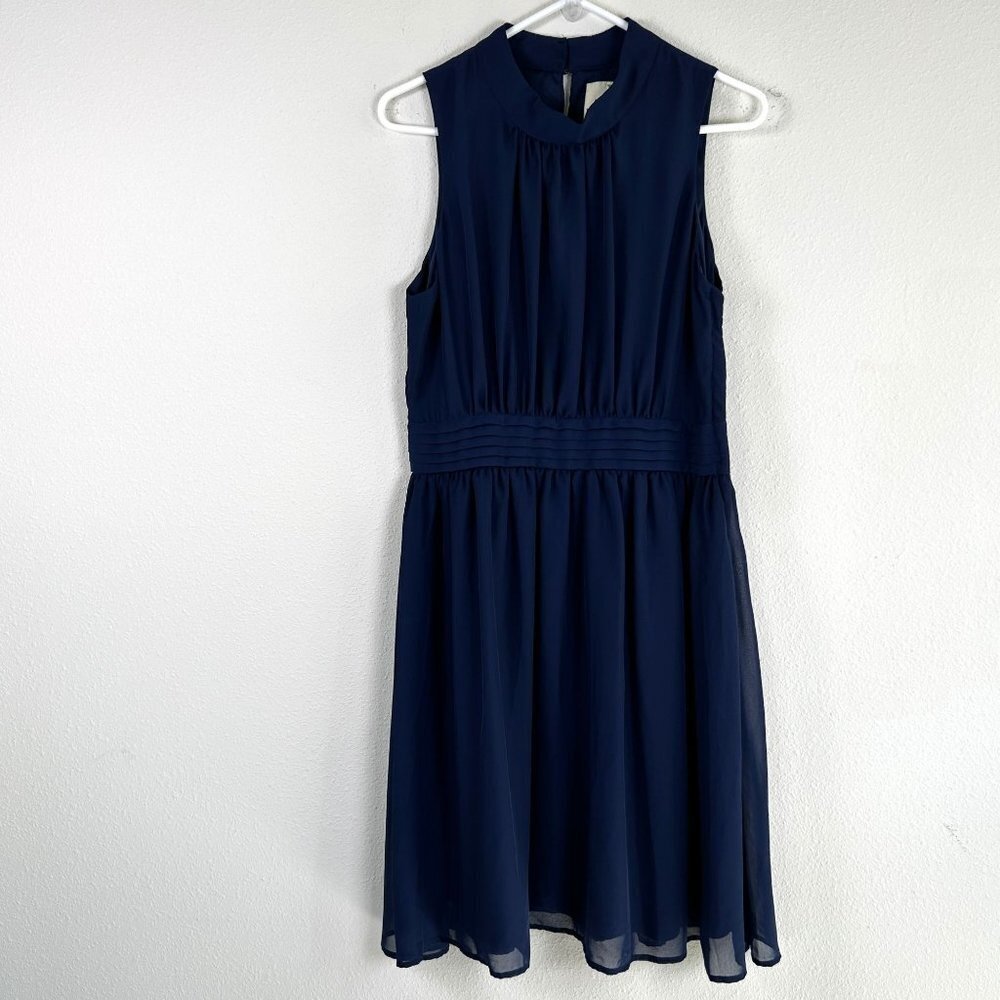 Fervour Dress Size L Navy Blue High Mock Neck Pleated Waist A‎ Line Sleeveless